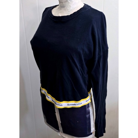 Abercrombie & Fitch Womens Long Sleeve Crop Top  Navy Blue  Banded Yellow Logo - Picture 1 of 11